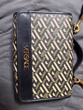 Versace Olive, Black & Cream Geometric Monogram Top-Handle Satchel